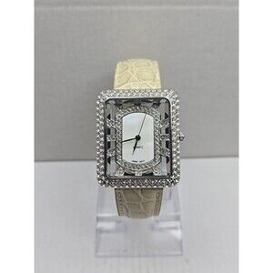 Adrienne Womens Rhinestone Open Square Watch Cream Croc Leather New Battery